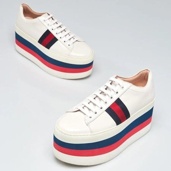 Gucci Peggy Leather Signature Stripe Chunky Platform Sneakers Tennis Shoes 39 - Picture 12 of 12